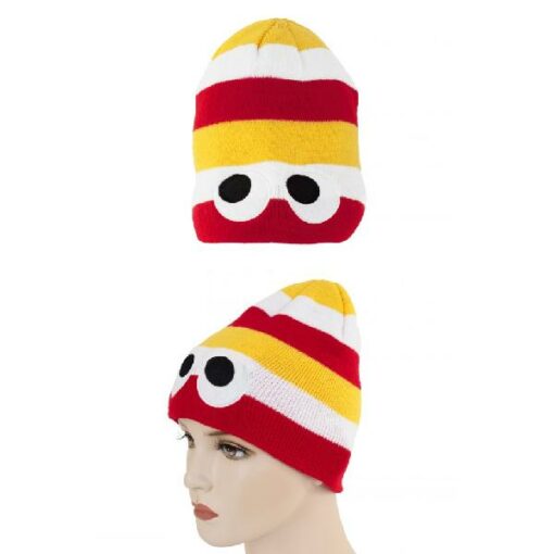 GEBREIDE MUTS ROOD/WIT/GEEL MET OGEN