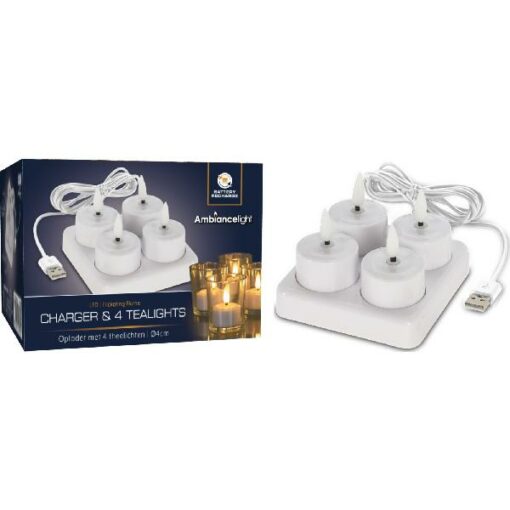 Theelicht LED 4 stuks oplaadbaar incl. oplaadstati